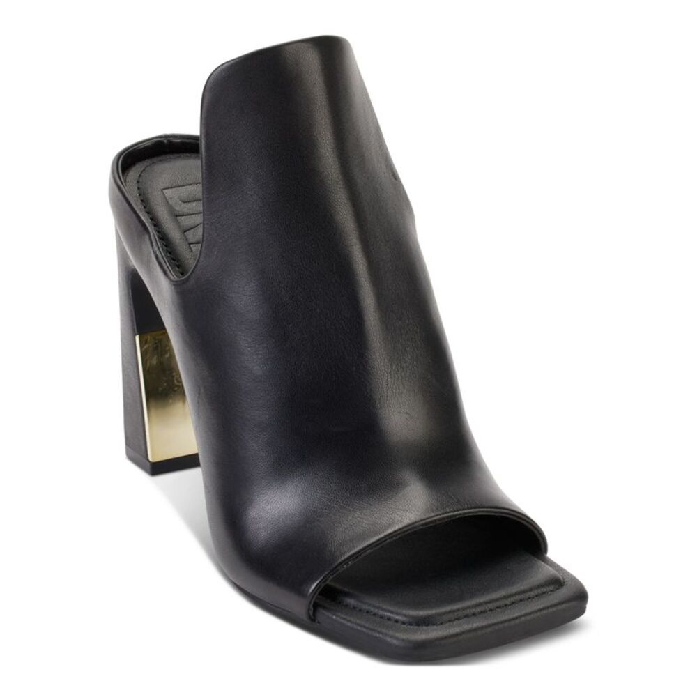 DKNY Black Leather Open-Toe Mule Heels with Gold Accent